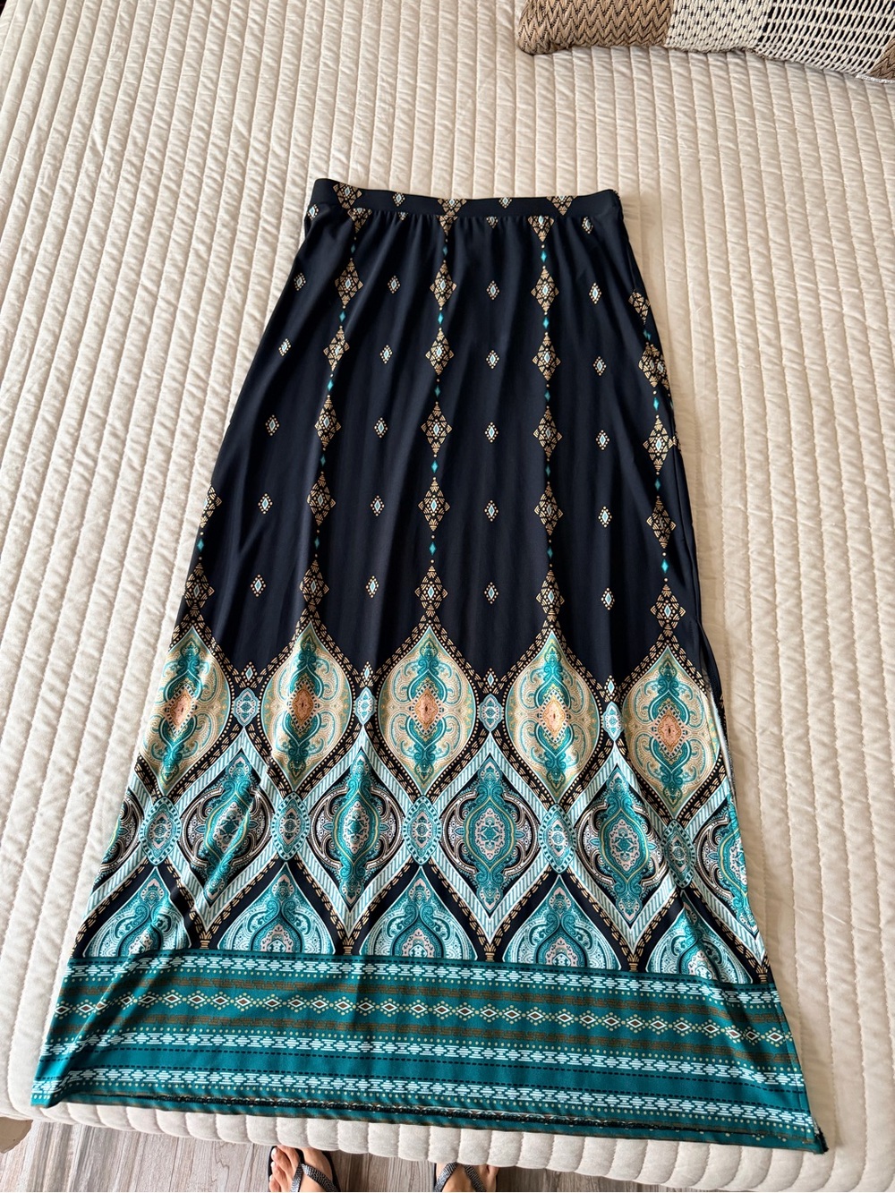 Chico's Black Maxi Skirt with Teal and Cream Paisley Border